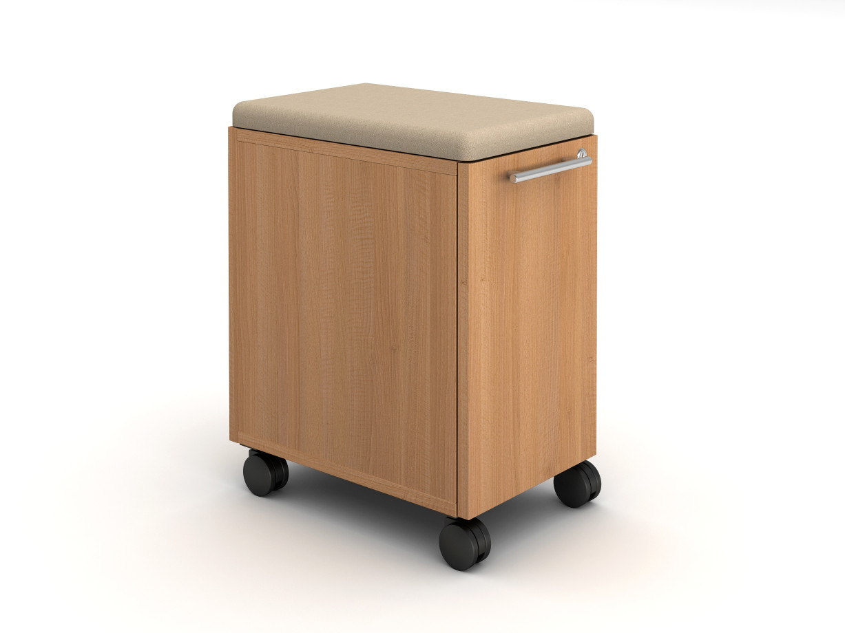 Preview of Calibrate Hidden Drawer Pedestal with Cushion on wheels with bar pull, shown in Recon Oak