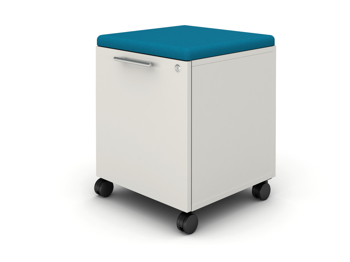 Preview of Calibrate Hidden Drawer Pedestal with Cushion on wheels with bar pull, shown in True White