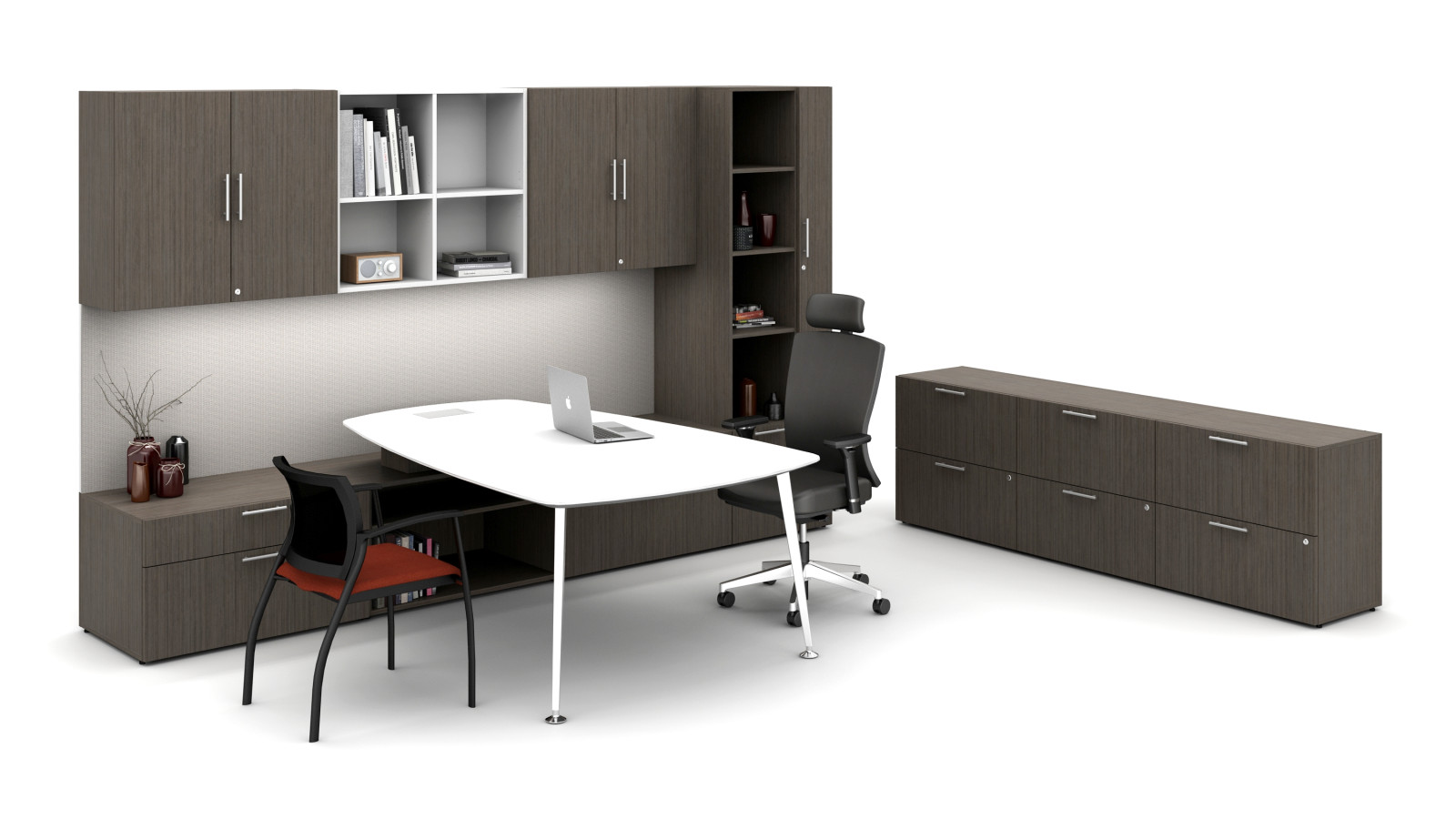 Preview of Absolute Acajou on Calibrate Series Casegoods Private Office with Pebble Top Desk, Natick Executive Seating, Grafton Side Seating