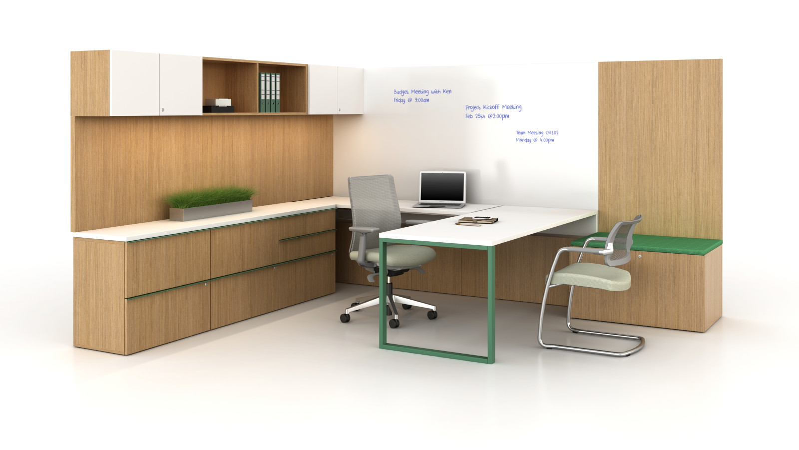 Preview of Calibrate Private Office with whiteboard wall panels and cantilevered height adjustable desk in down position
