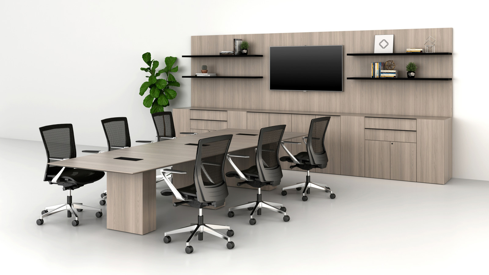 Preview of Calibrate conference table with buffet, L-shelves. Shown with slim pulls.
