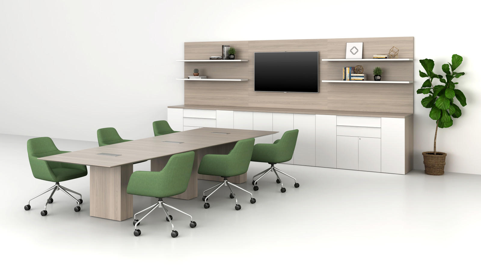 Preview of Calibrate Conference Room with Buffet, L Shelves with horizontal grain, and Calibrate Conference Table.&nbsp; Shown with Juggle Guest Seating.