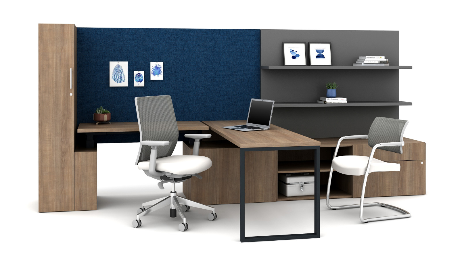 Preview of Calibrate Casegoods with L Shelf and cantilevered height adjustable table below tackboard, return worksurface with O-Leg