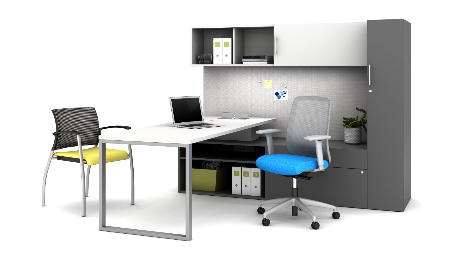 Preview of Calibrate Casegood Private Office with O-Leg Return Worksurface, Calibrate Storage including wardrobe, lateral file, bookcase and overhead