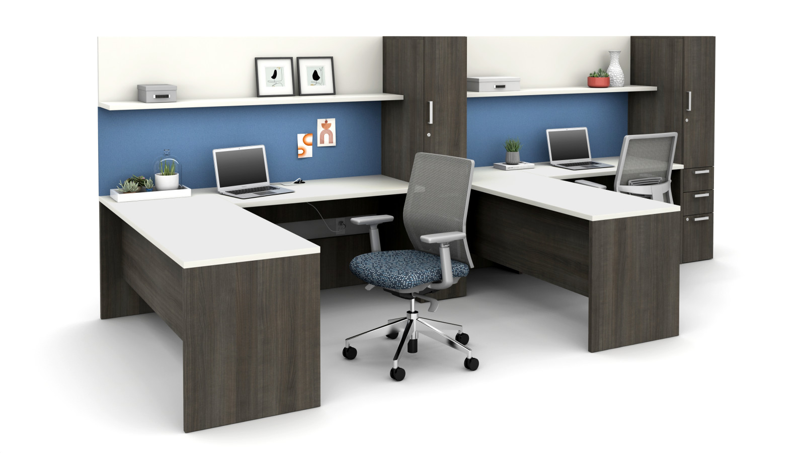 Preview of Calibrate Casegoods Open Plan Environment with L Shelf, Tackboard and Storage Tower, Shown with Devens Seating