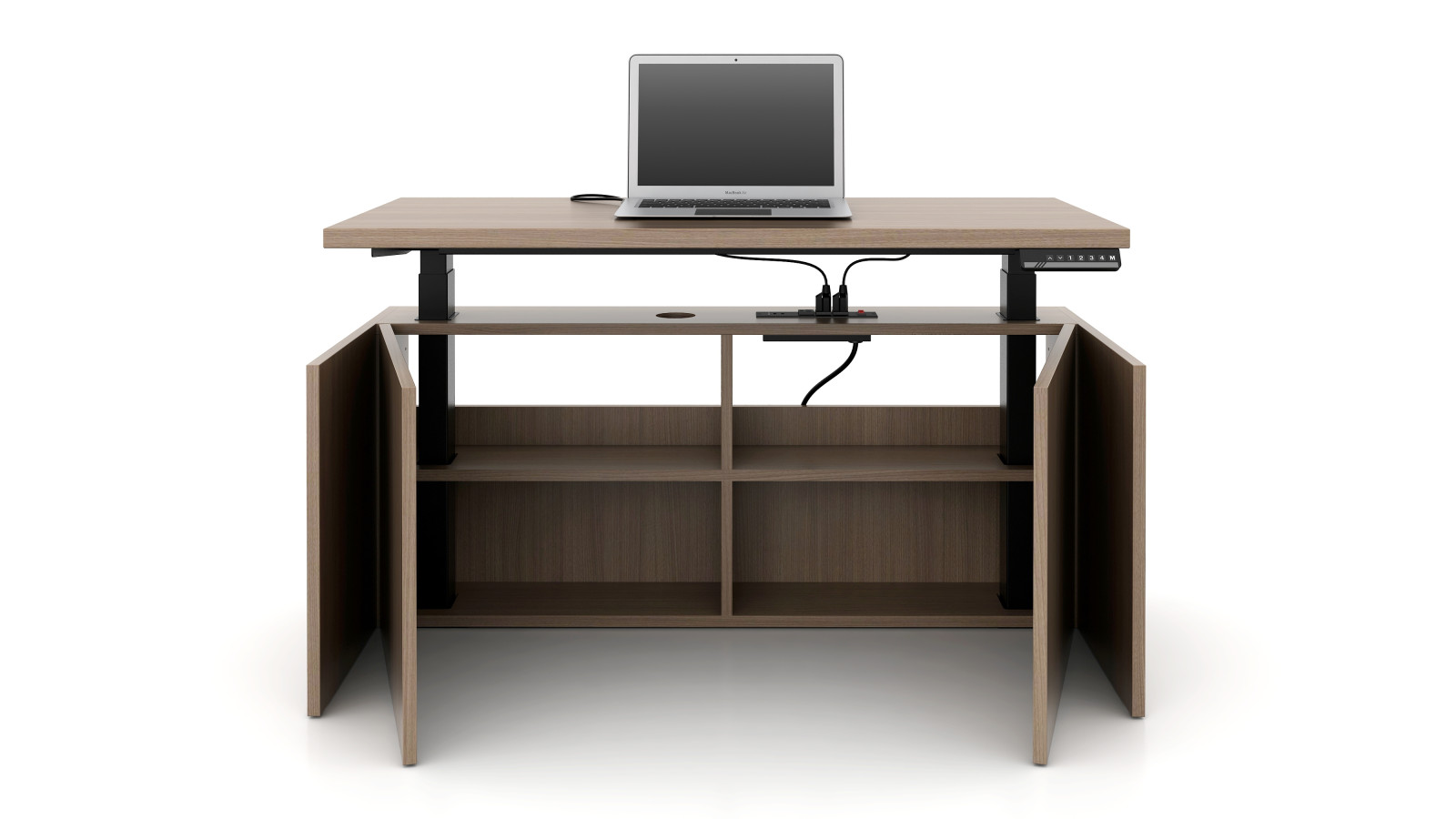 Preview of Calibrate Cantilevered Height Adjustable Table with cabinet doors open