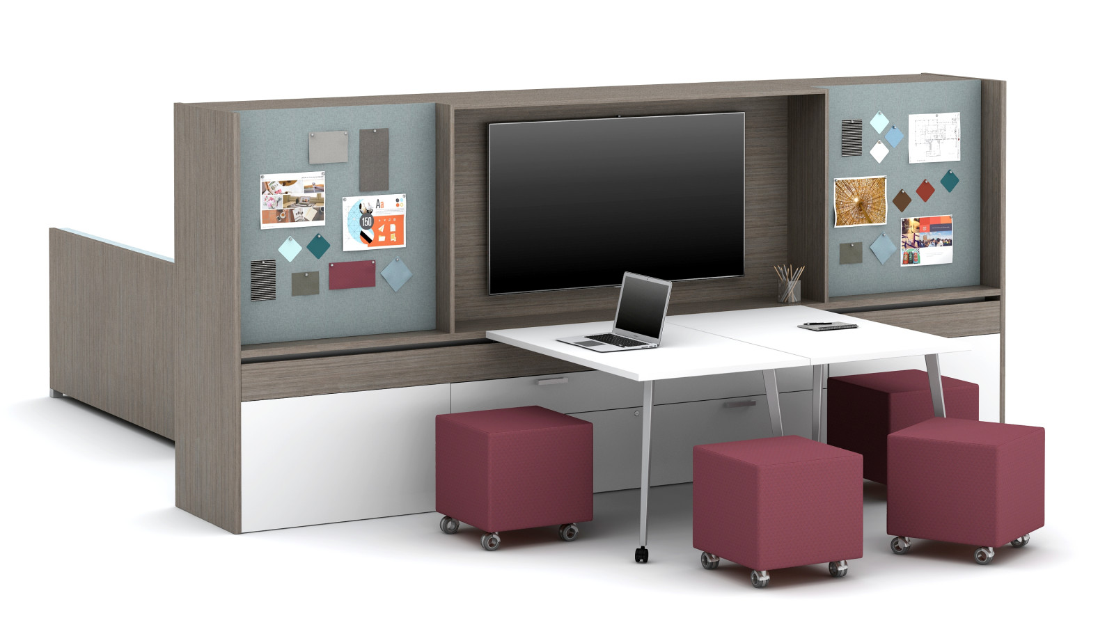 Preview of Calibrate Community Workwall with Integrated Technology and Tackboards, Sliding worktops together and Volker Seating  Floorplate Area 15a