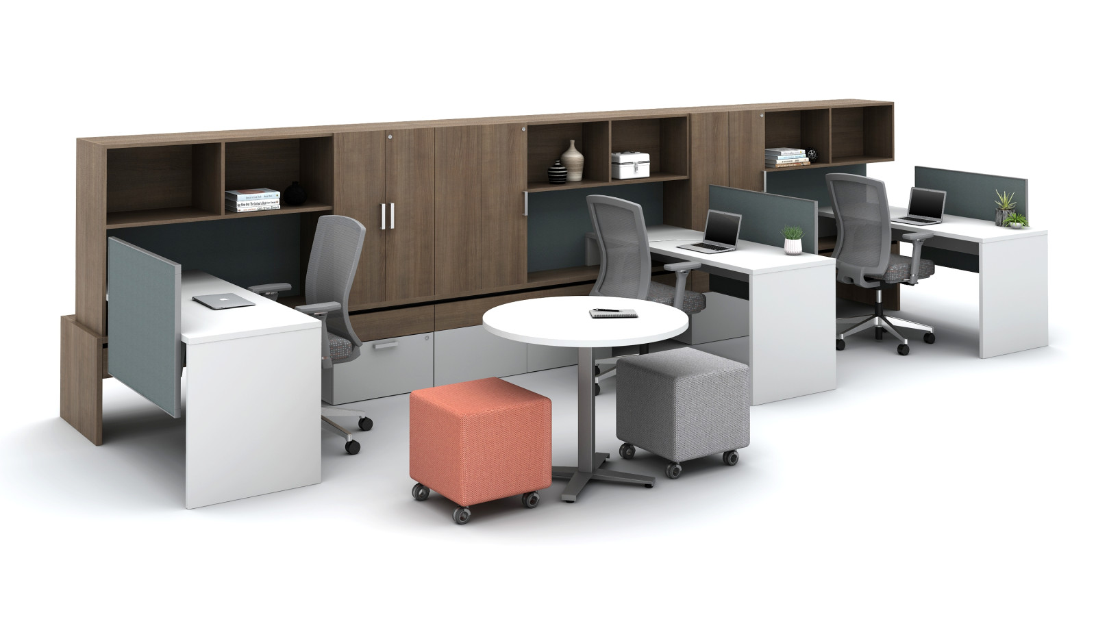 Preview of Calibrate Community with Overhead storage, cabinet storage, tackboards and stackdesks with slimline screens