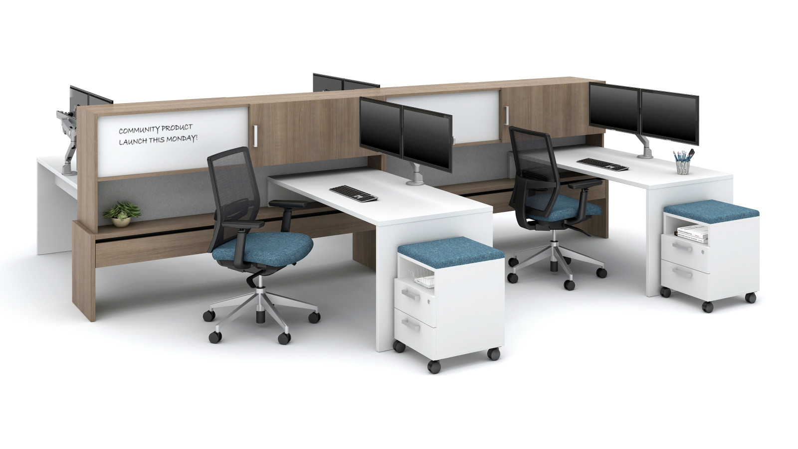 Preview of Calibrate Community 21” high spine with stack-on Upper Storage, shown with Calibrate Cubby ped