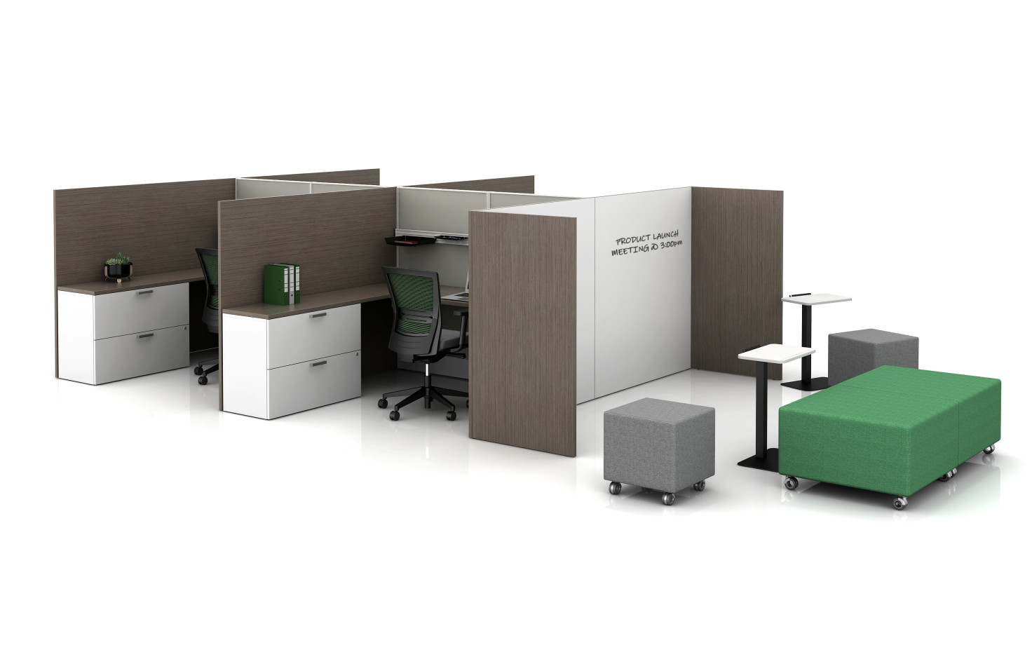 Preview of Divi with Gallery Panels Shown with whiteboard gallery panels, laptop tables, Volker and LB Ottomans