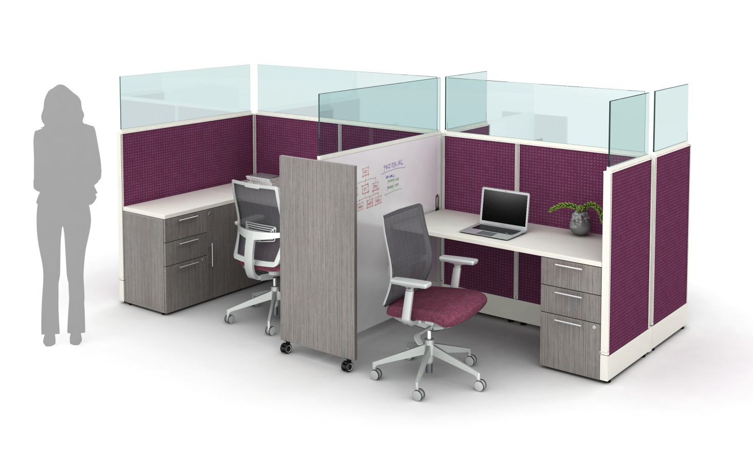Preview of Divi 50” H Panels with 16” Glass Channel supported, surface mount screen on panels and mobile whiteboard