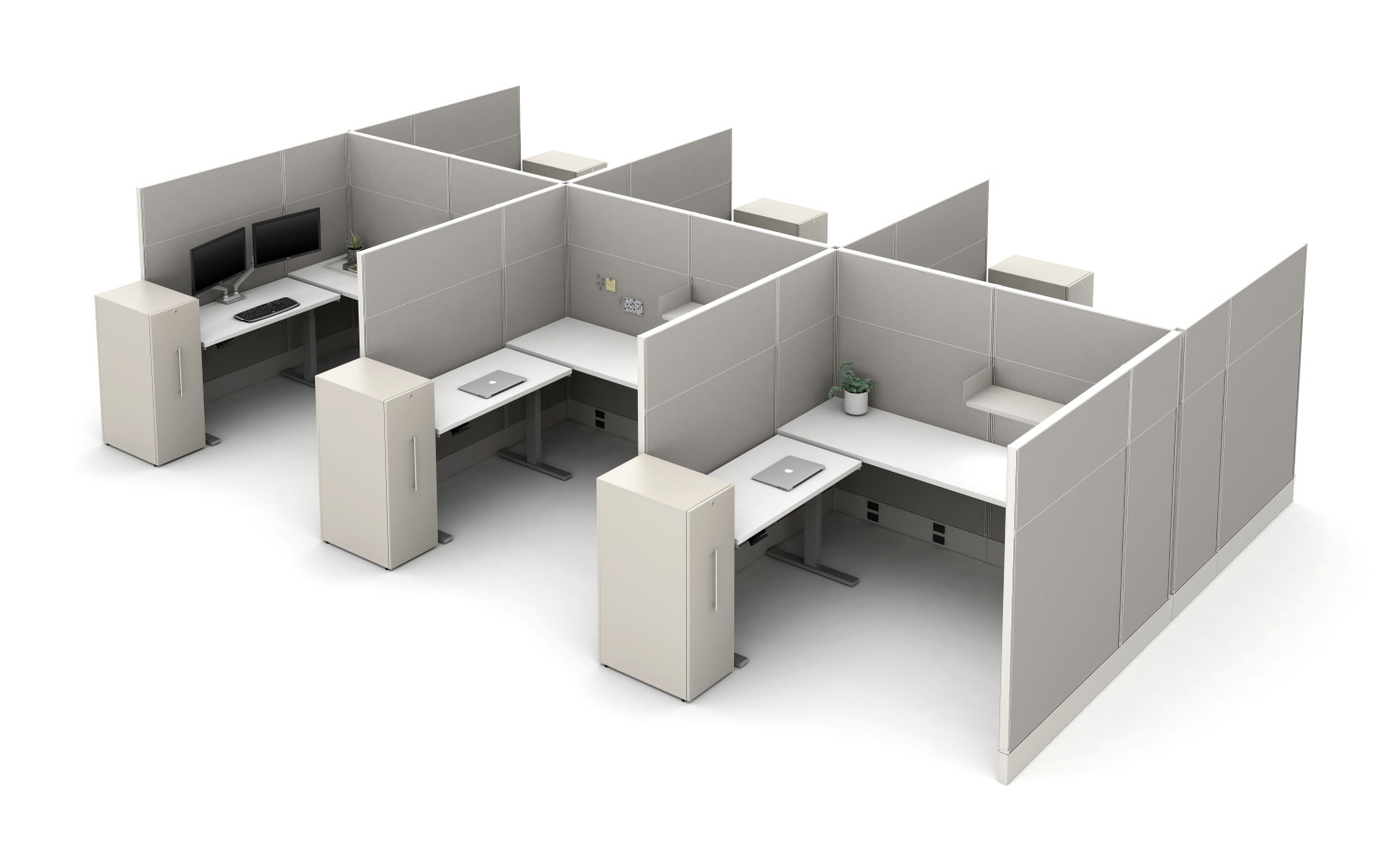Preview of Divi Panels with 16” Fabric stacks (66” total height), Height Adjustable Tables, and Calibrate Storage