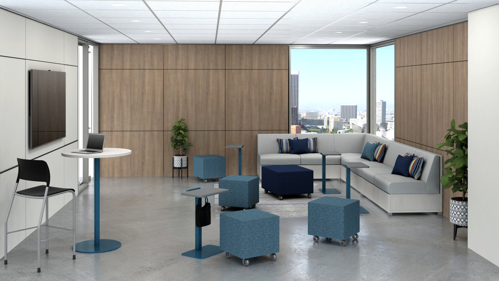 Preview of Huddle Room with LB Lounge and Ottoman, Day-to-Day Disc Base High Top Table, Laptop Tables and Volker Cubes with accent paint 