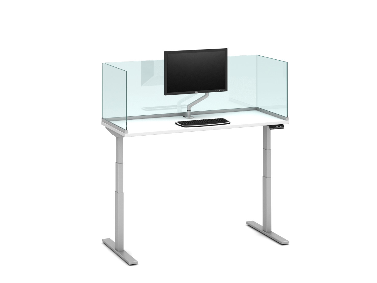 Preview of Day-to-Day Height Adjustable Table with Channel Supported, surface-mount 20” Glass Screens and attached Monitor Arm