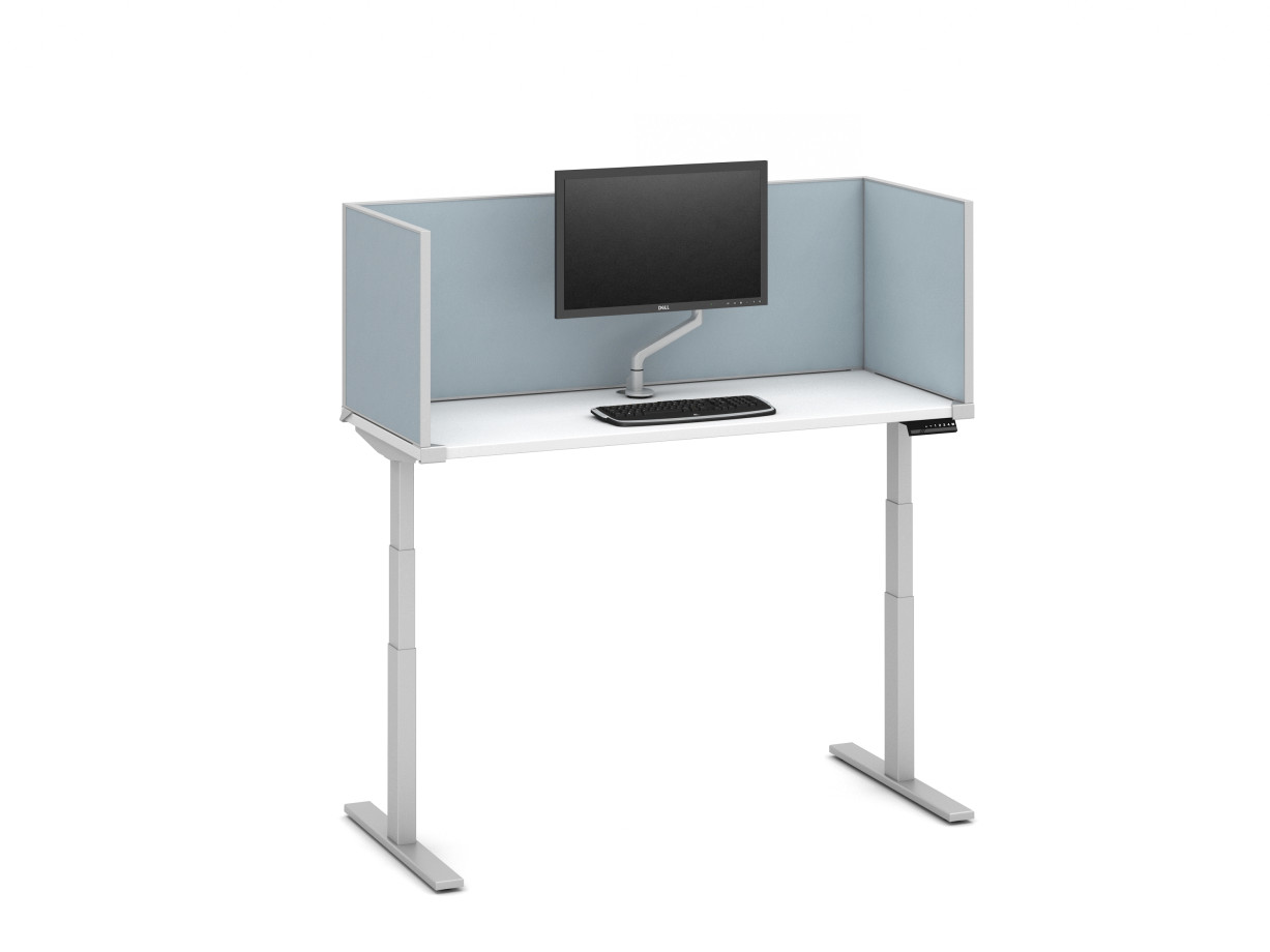 Preview of Day-to-Day Height Adjustable Table with Slimline, undersurface-mount 20” H Vinyl Screens and attached Monitor Arm