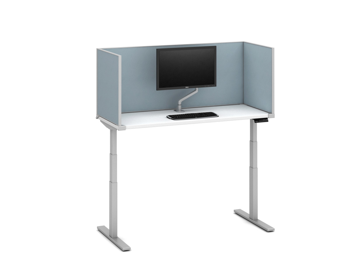Preview of Day-to-Day Height Adjustable Table with Slimline undersurface-mount 24” H Vinyl Screens and attached Monitor Arm