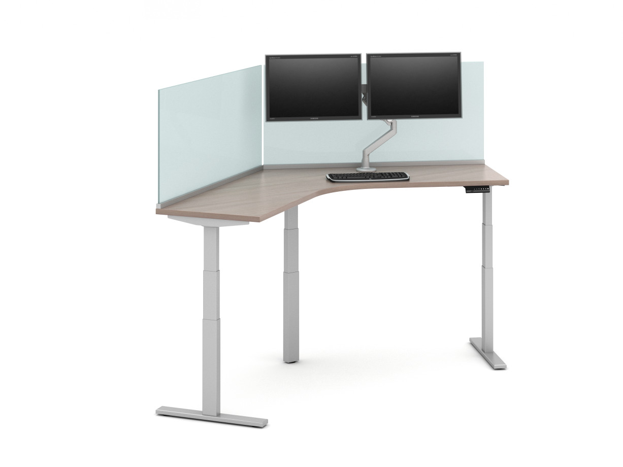 Preview of Day-to-Day 120 Degree Height Adjustable Table with 24” Glass Channel Supported Surface-mount Screens and attached Monitor Arm