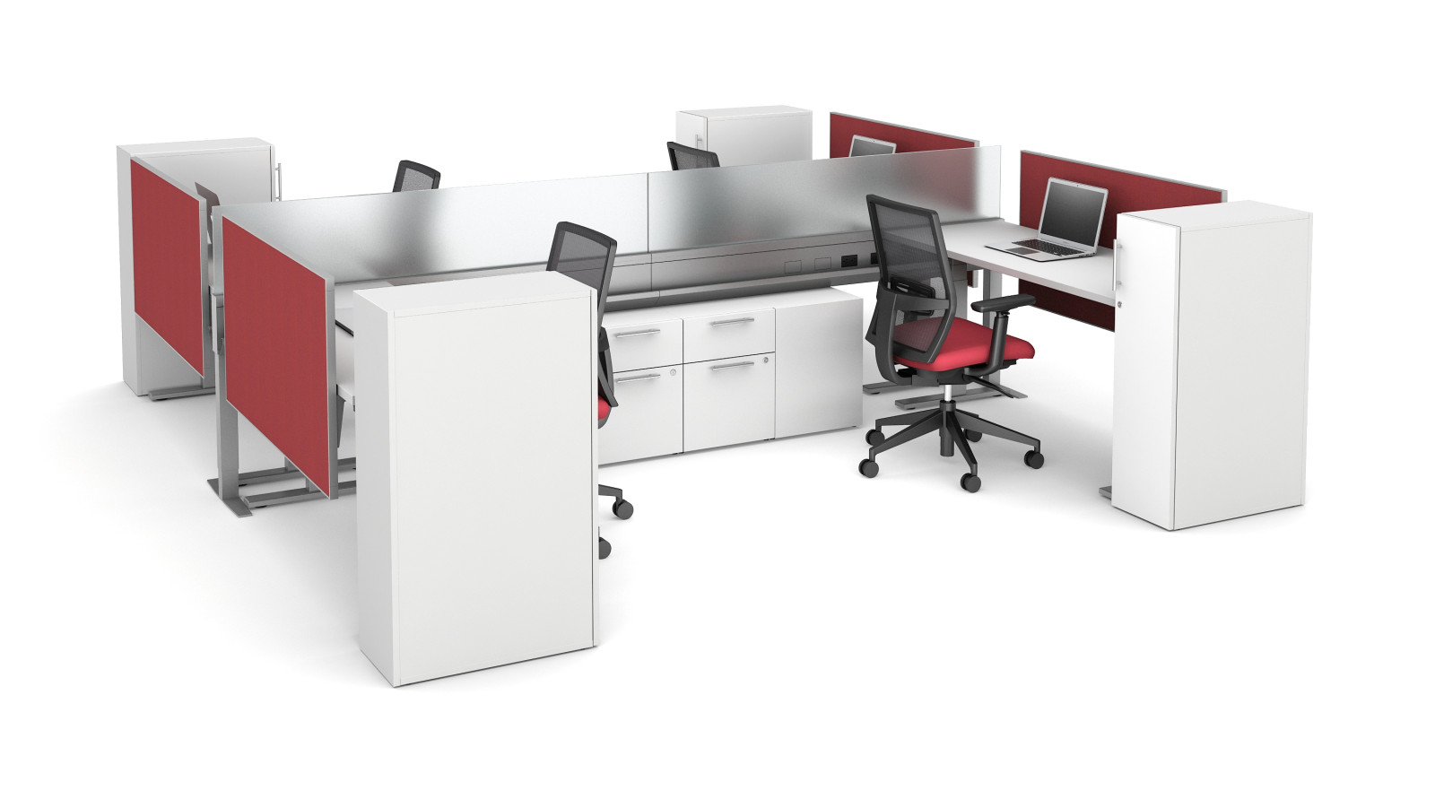Preview of Encounter PowerBeam Calibrate Storage Supported, Four Stations with Perpendicular Worksurfaces