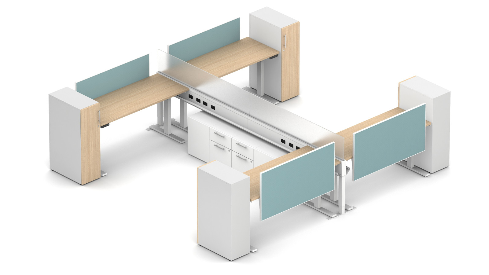 Preview of Encounter PowerBeam Calibrate Storage Supported, Four Stations with Perpendicular Worksurfaces