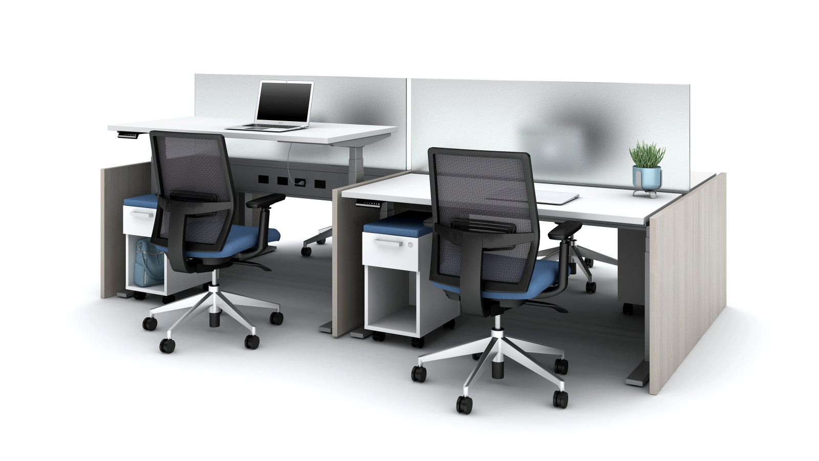 Preview of Encounter  PowerBeam with Gallery Panels and Frosted Glass Spine Screens; Shown with Devens and Calibrate Storage with lower cubby 