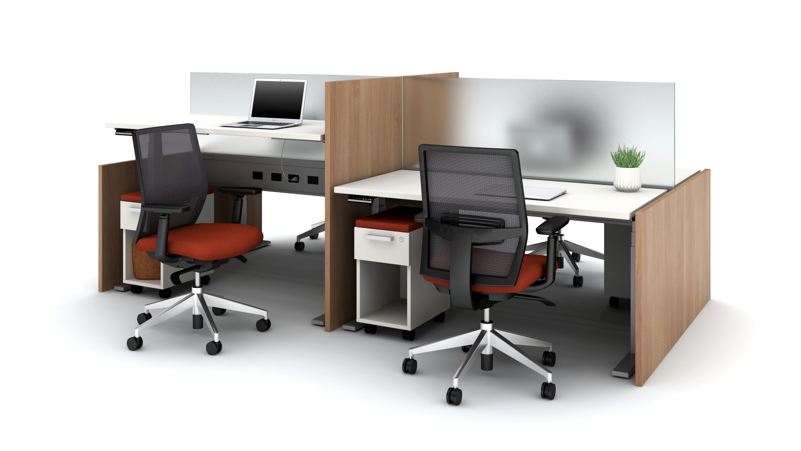 Preview of Encounter  PowerBeam with Gallery Panels and Frosted Glass Spine Screens for added privacy; Shown with Devens and Calibrate Storage with lower cubby
