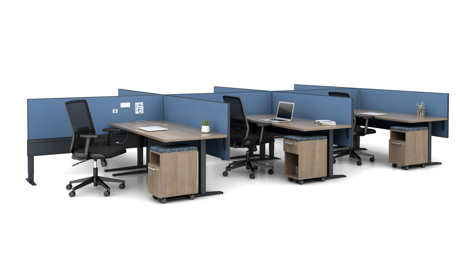 Preview of Encounter  PowerBeam with Fixed Height C-Leg Table and Partial Modesty Slimline Screens, shown with Calibrate Cubby Pedestals and Essex Task Seating