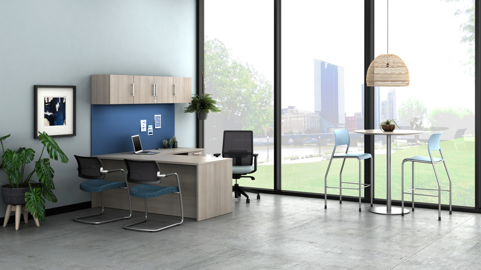 Preview of Calibrate Private Office with Day-to-Day high top table with disc base, shown with Devens Task and Side seating and Pierce Stools