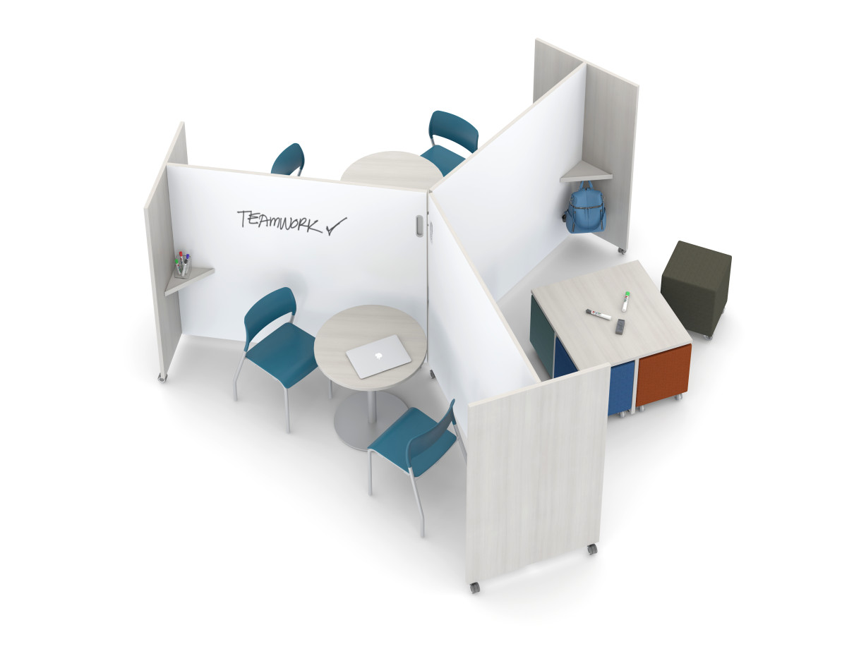 Preview of Pinwheel Application using Tri-Wheel Laminate Mobile Whiteboard/Divider with Volker, Day-to-Day Disc Base Tables and Pierce
