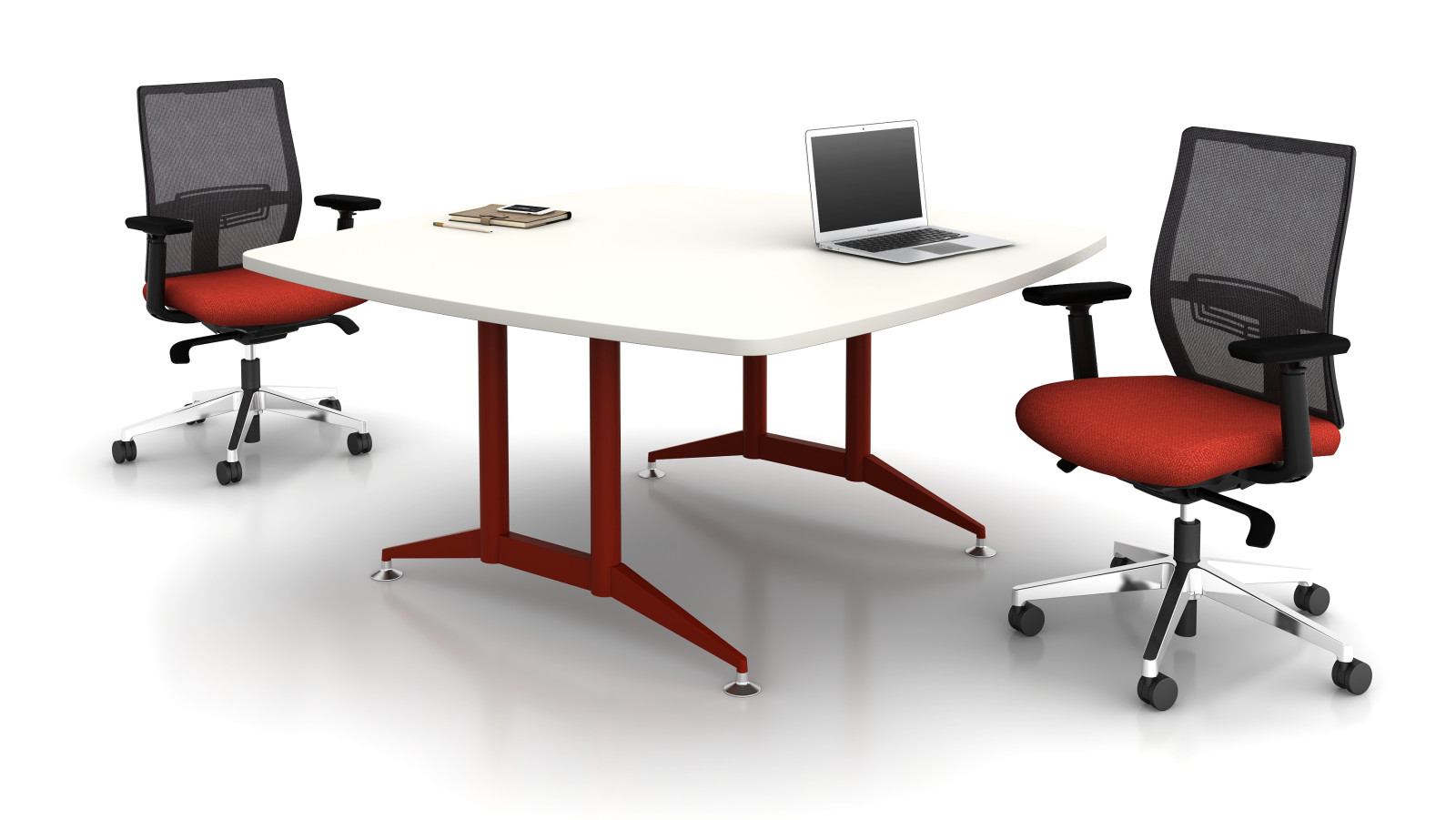 Preview of Day to Day Square Table with 2mm edge with Double Post Base in full Ruby Red, shown with Devens Task Seating