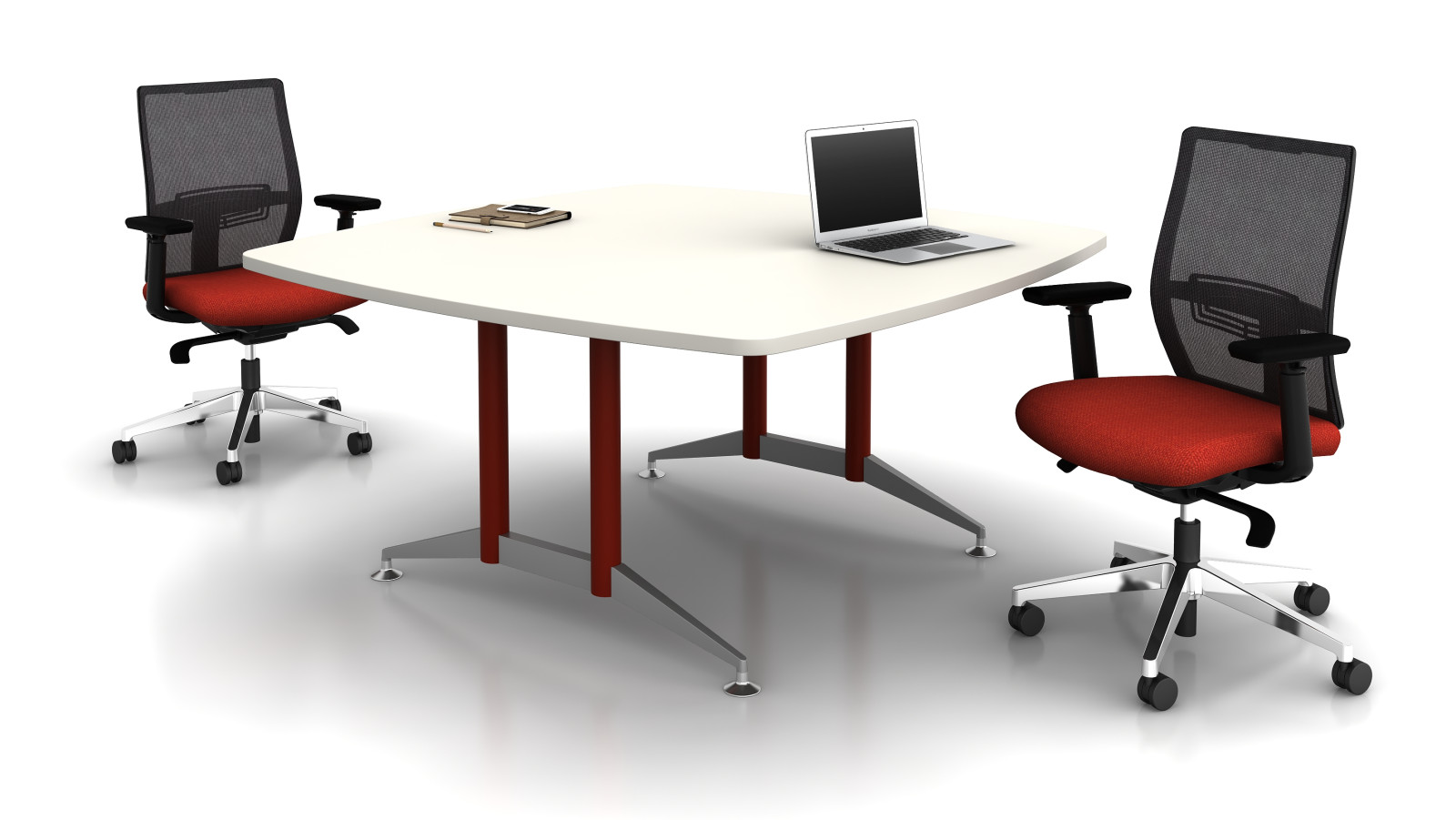 Preview of Day to Day Square Table with 2mm edge with Double Post Base in Polished Aluminum, shown with Devens Task Seating