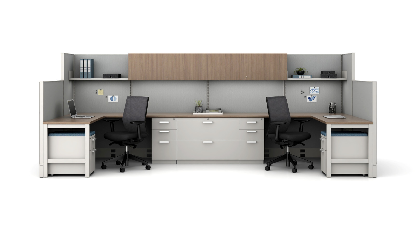 Preview of L Series Steel Storage with Divi panels and laminate front overheads, shown with Devens Express seating