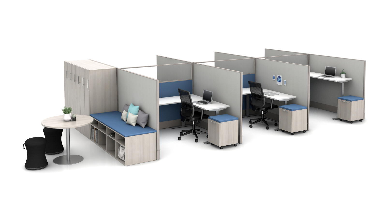 Preview of Divi 72” fabric and glass panels with 3-leg Height Adjustable Tables, Calibrate Storage and lockers, Disc Base Occastional Table; and Essex Seating