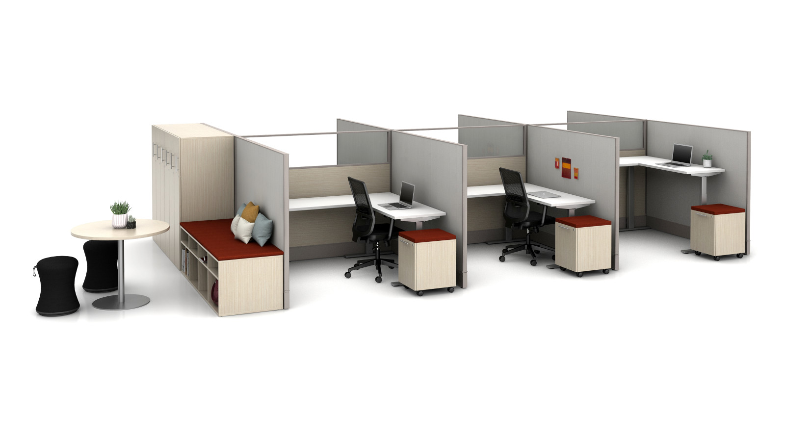 Preview of Divi 72” fabric and glass panels with 3-leg Height Adjustable Tables, Calibrate Storage and lockers, Essex Seating