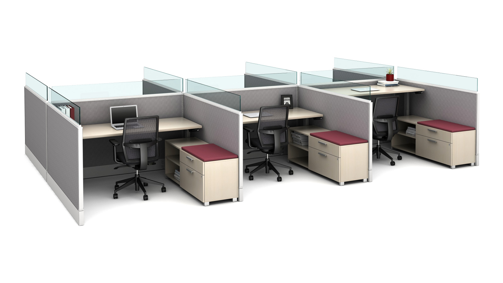 Preview of Divi 72” fabric and glass upmount channel screens with Height Adjustable Tables, Calibrate Storage and Devens Seating