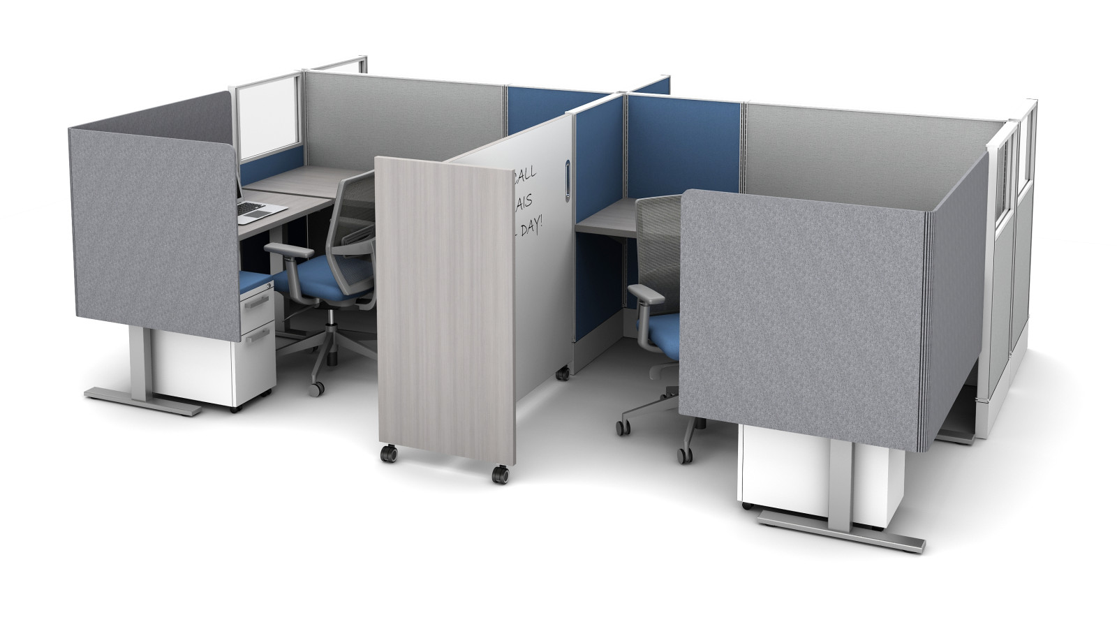 Preview of Divi Workstation with Extended PET L Wrap Partial Modesty Screens and Tri-wheel mobile whiteboard for division