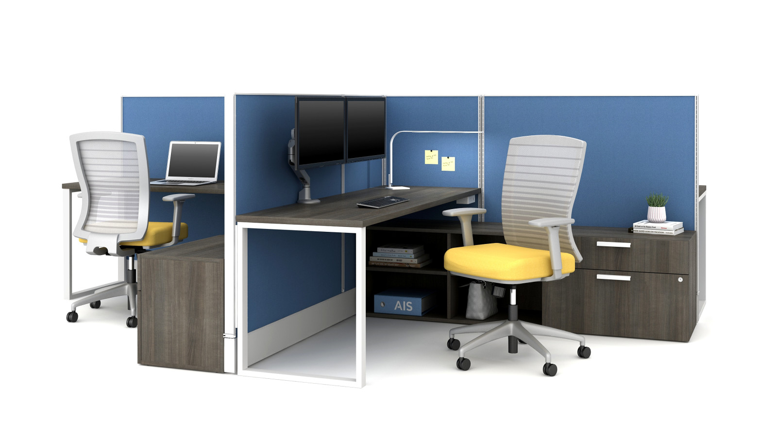 Preview of Divi Open Plan Panel system with Calibrate Storage and O-Leg Worksurface, shown with underworksurface power and Natick Seating