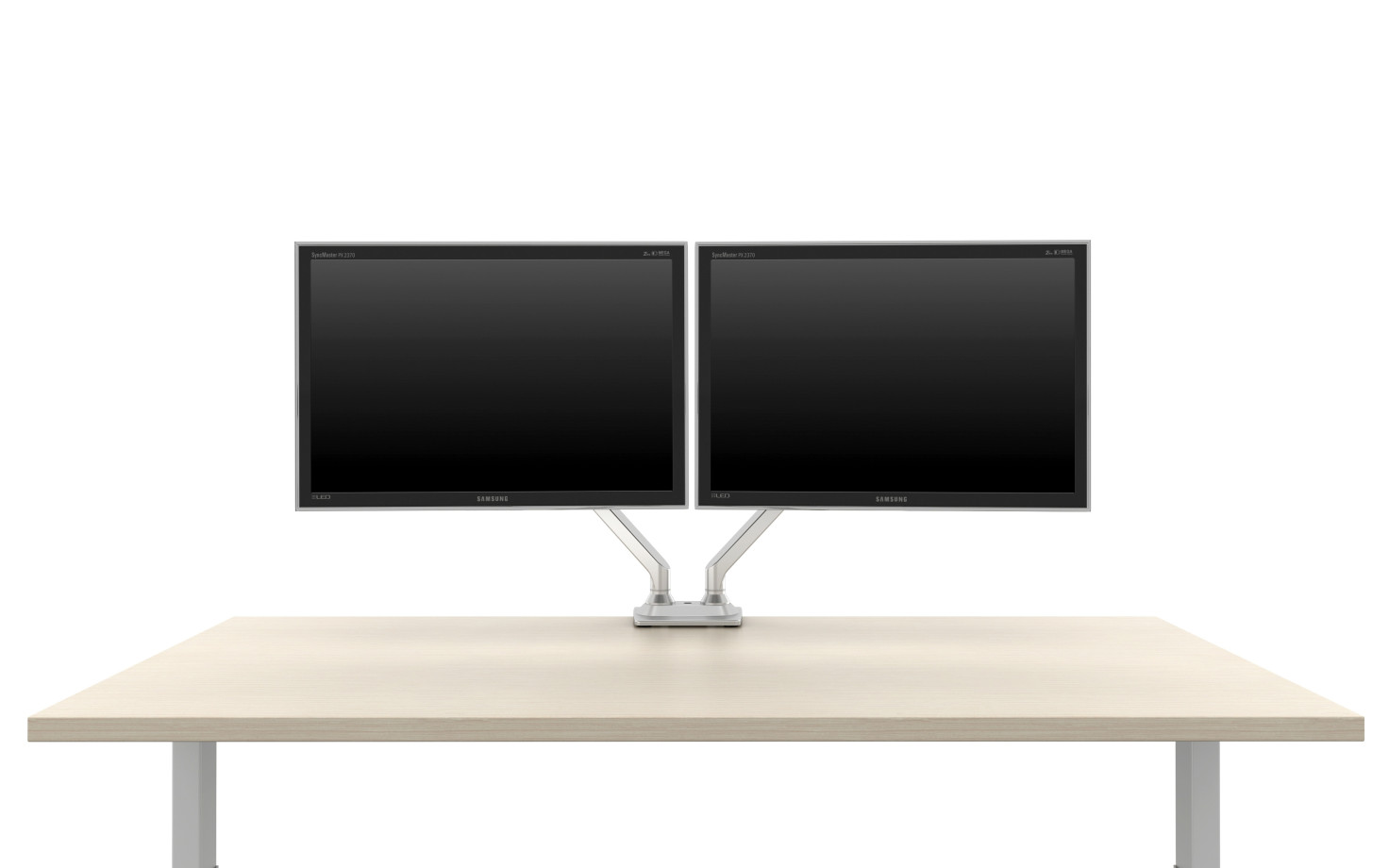 Preview of Standard Series dual monitor arm front view attached to worksurface