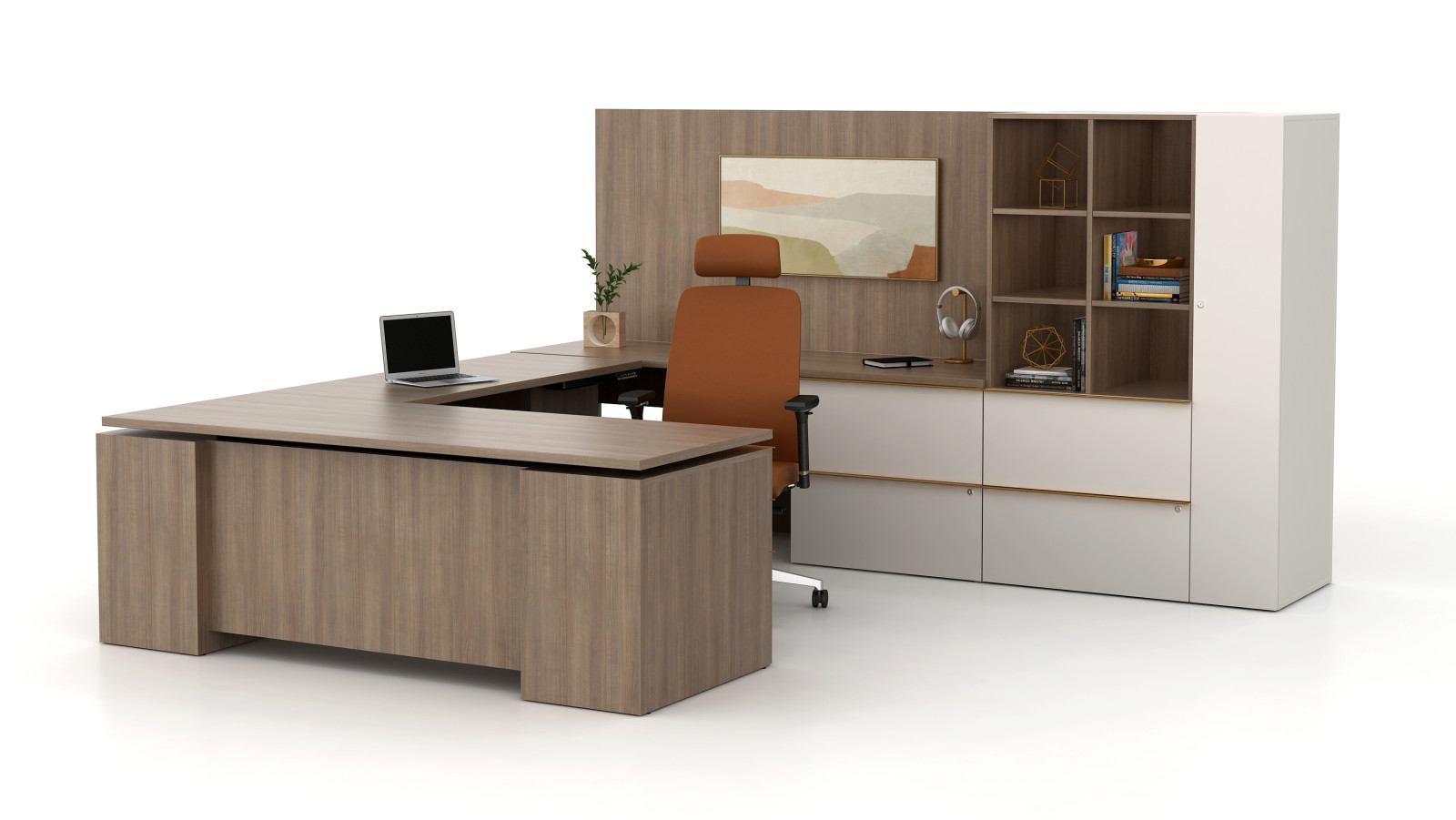 Preview of Calibrate private office with Floating Height Adjustable Desk in down position, with Wall Panel and storage