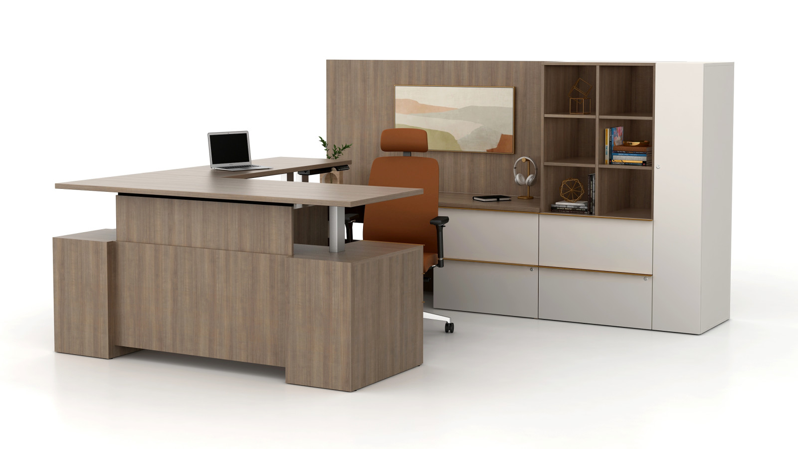 Preview of Calibrate private office with Floating Height Adjustable Desk in up position, with Wall Panel and storage
