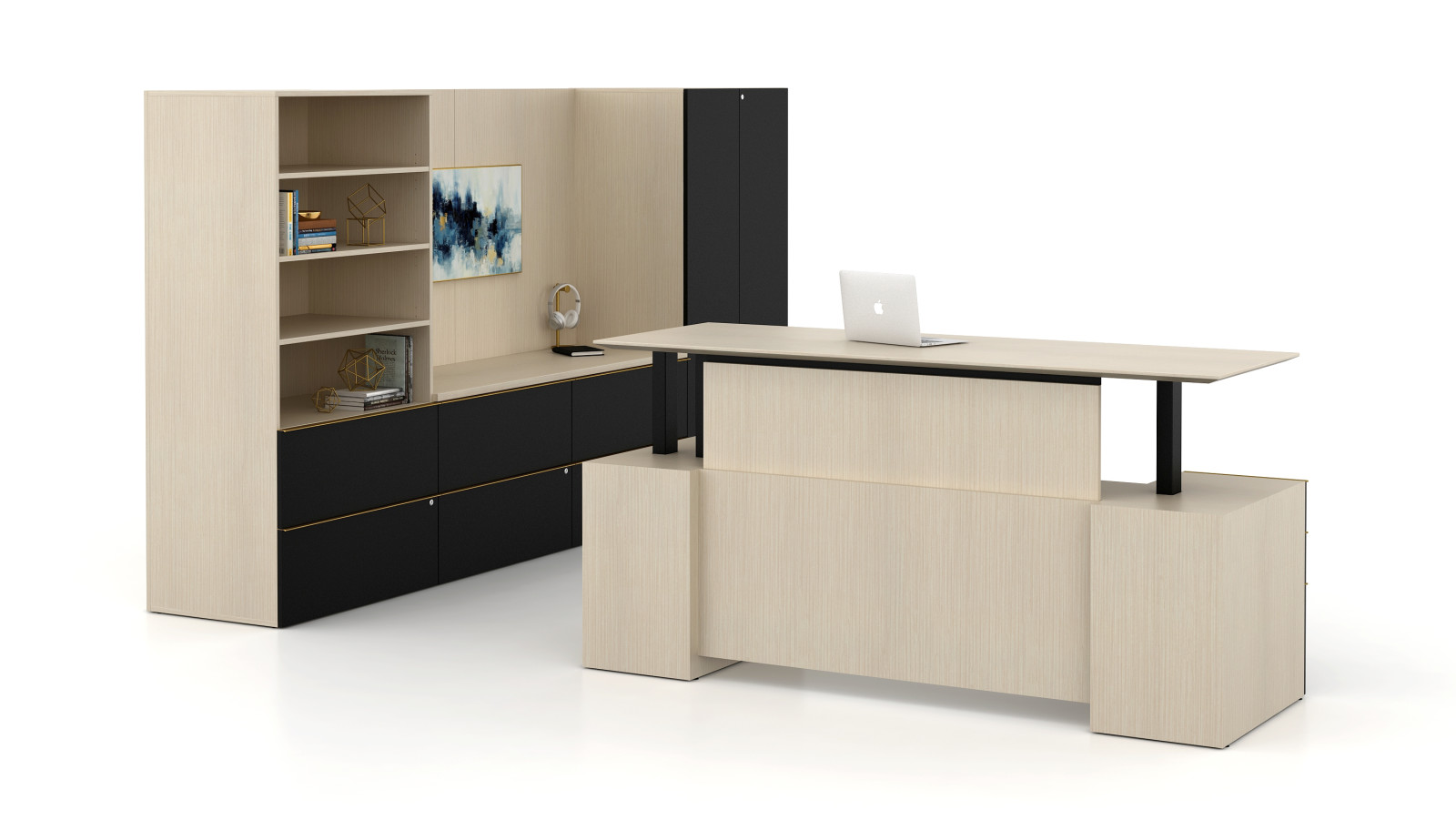 Preview of Calibrate private office with Floating Height Adjustable Desk in up position with modesty, shown with wall panels 