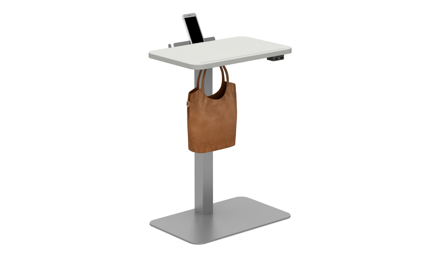Preview of Powered Laptop Table with Cloud top, Metallic Silver base, bag hook and cell phone shelf