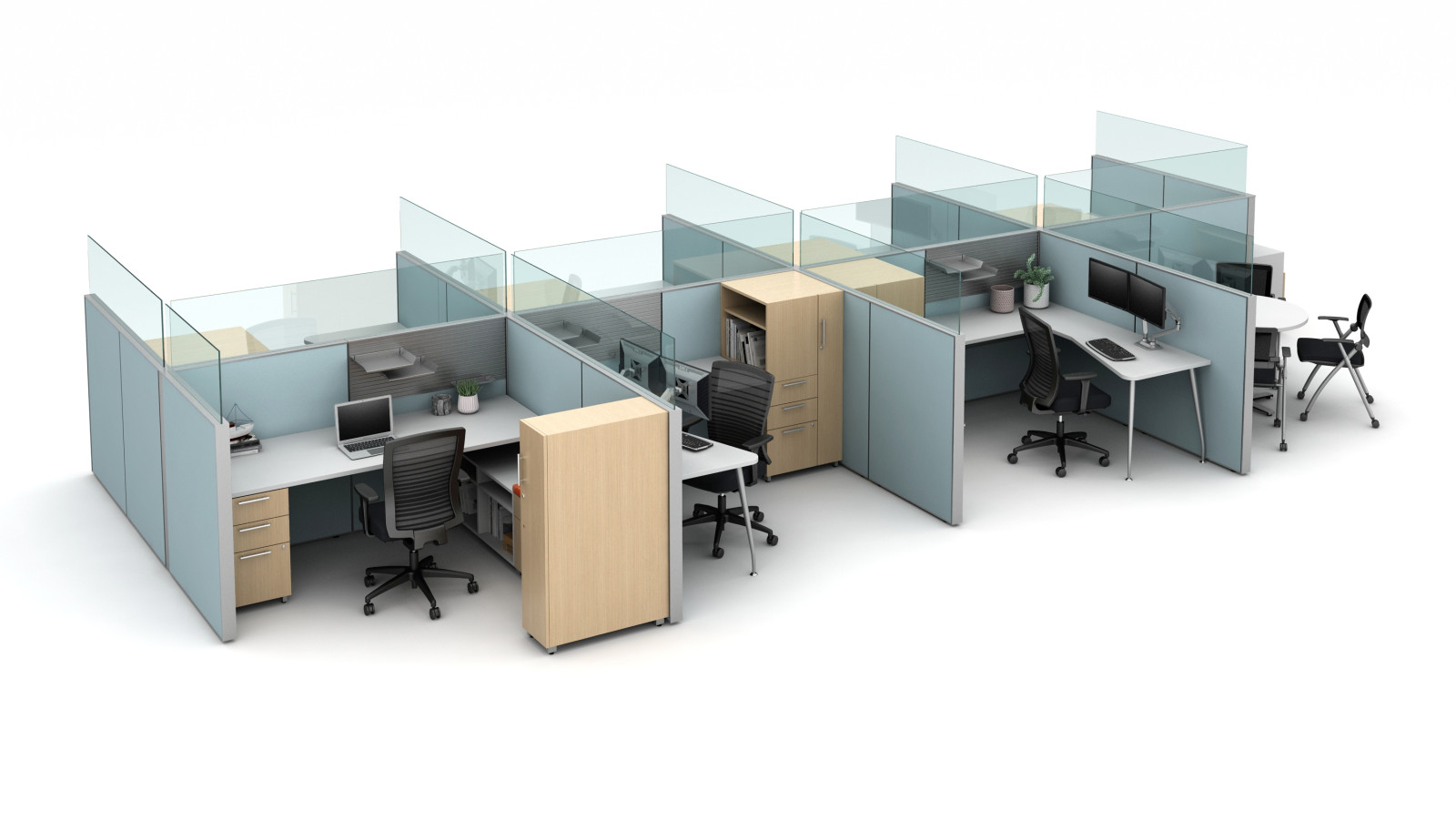 Preview of Matrix seven workstation pack with meeting area, with rail-mounted upmount glass 