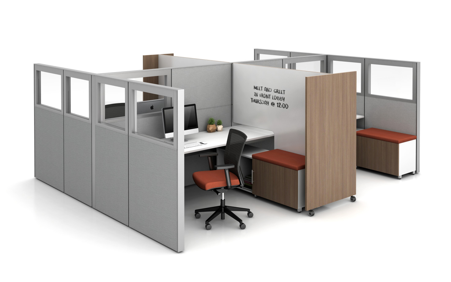 Preview of Matrix with Quarter Glass Panels, Tri-wheel Mobile Laminate Whiteboard/Divider with cut-out to divide stations, and Calibrate Storage