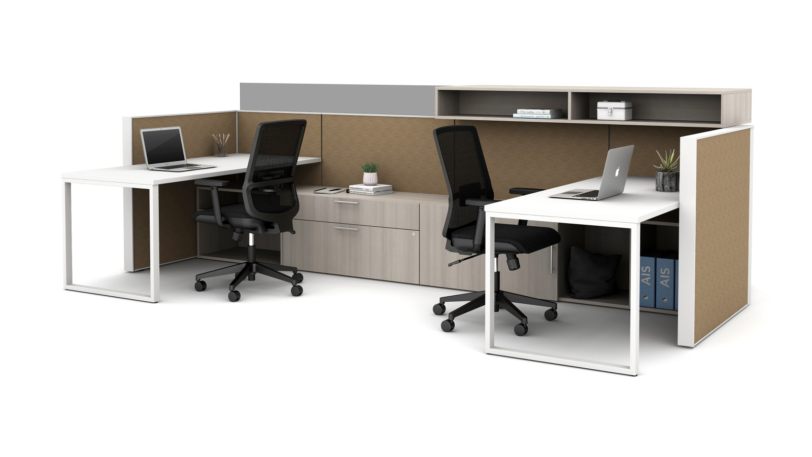 Preview of Matrix with O-Leg Worksurfaces, glass upmount screen and overhead bookcase