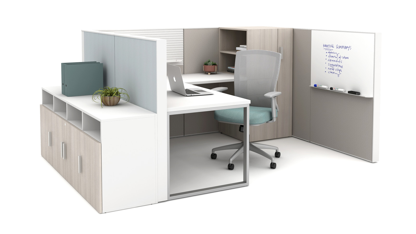 Preview of Matrix with O-Leg Worksurfaces, slat tile, markerboard, Calibrate storage and Natick Seating