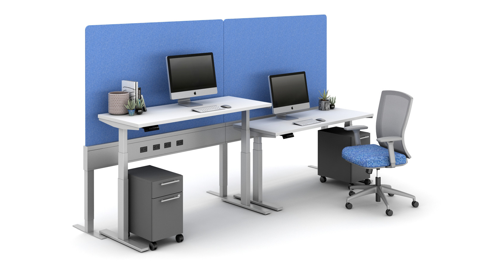Preview of 32” PET Screen incorporated into PowerBeam Spine shown with Day-To-Day HAT tables and Natick Seating