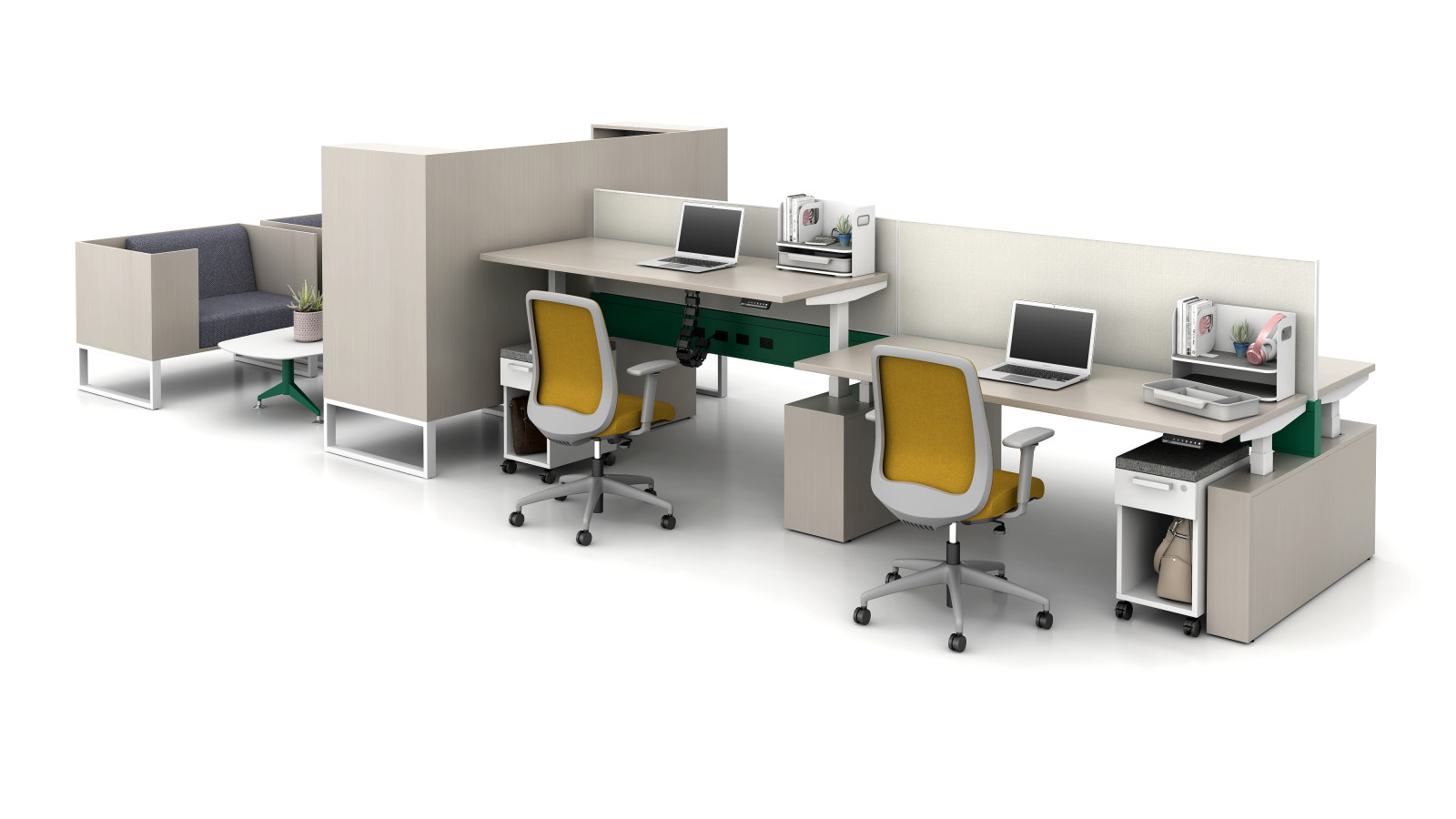 Preview of NeoCon 2022 PowerBench and Chatham Cove, shown with Desktop Organizer