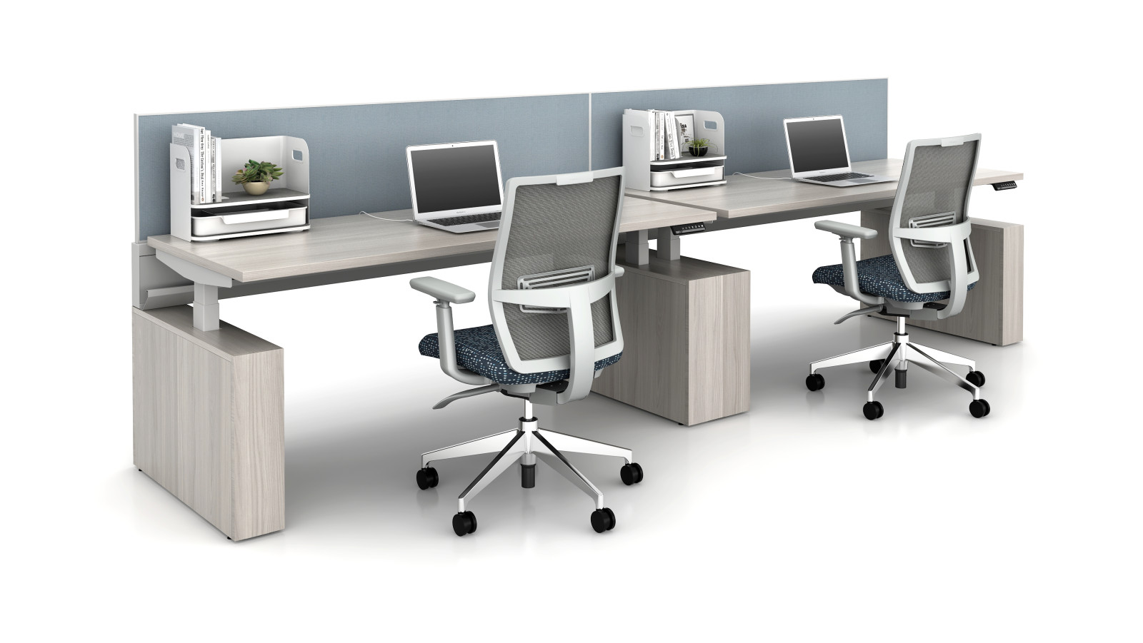 Preview of PowerBench Height Adjustable Benching Single Sided Application, shown with Desktop Organizer