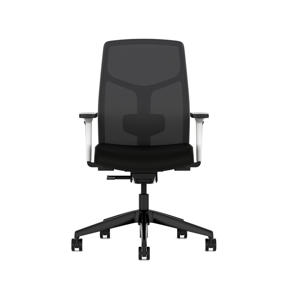 Preview of Chelsea Seating with White frame and standard black mesh and seat, front view