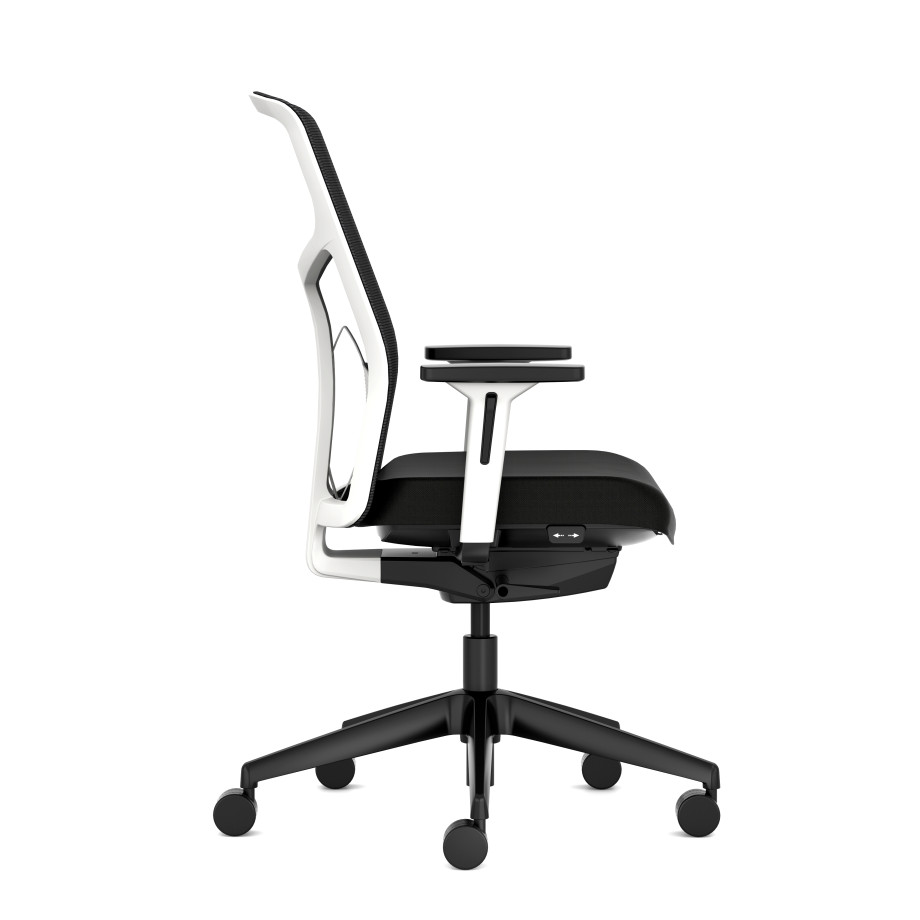 Preview of Chelsea Task Chair with White frame, standard black mesh and seat side view